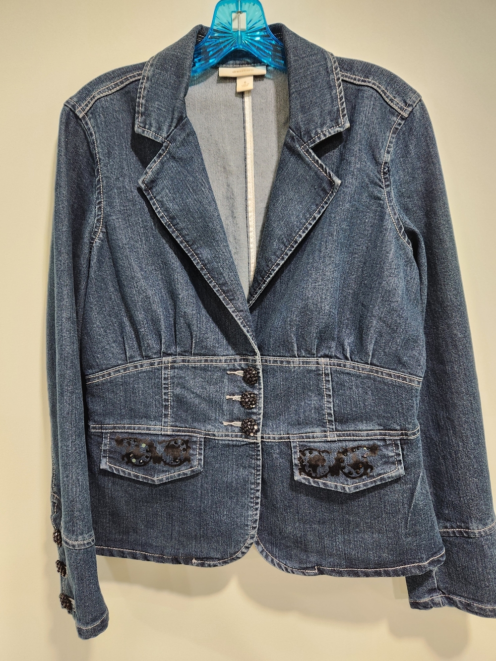 dressbarn Dark Blue Denim Blazer Jacket Three Buttons Missing Beads